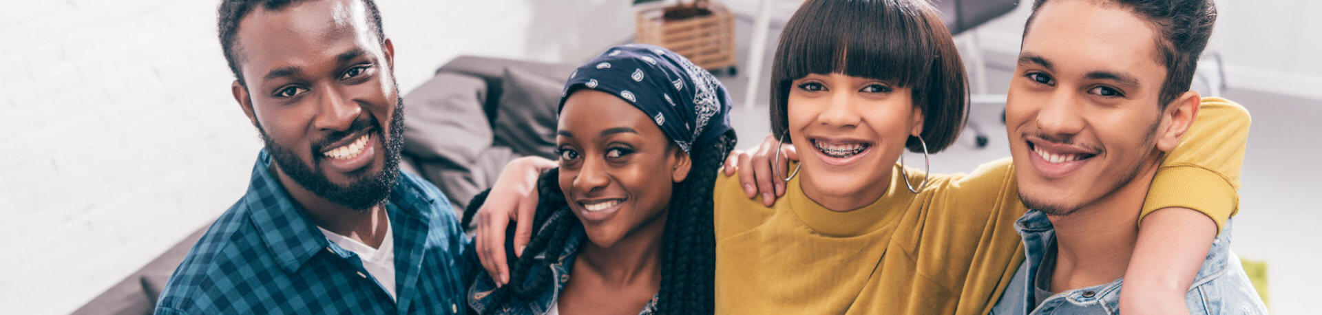 High angle view of smiling multicultural group